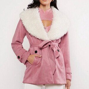 Pink Casual Womens Borg Collar Belted Coat
